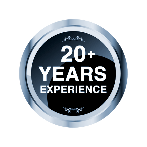 A round badge with a silver border proudly displays "20+ Years Experience" in bold white text on a dark background, highlighting our expertise in freight brokerage.